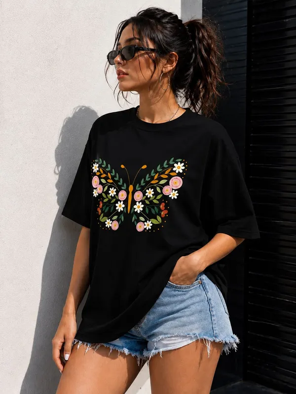 Black_Cotton_Oversized_Butterfly_Floral_Graphic_T-Shirt_For_Women