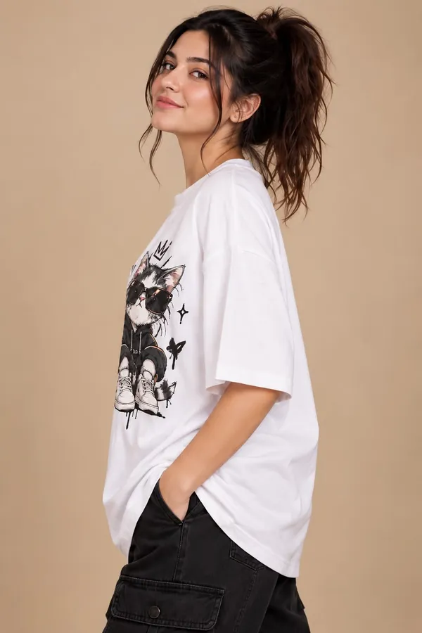 White_Cotton_Oversized_Crowned_Cat_Graphic_T-Shirt_For_Women