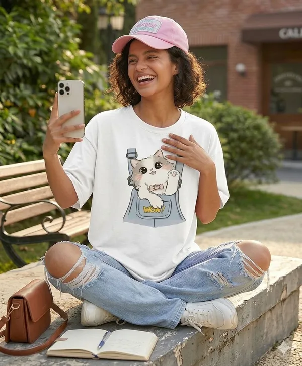 White_Cotton_Relaxed_Fit_Cat_Graphic_T-Shirt_For_Women