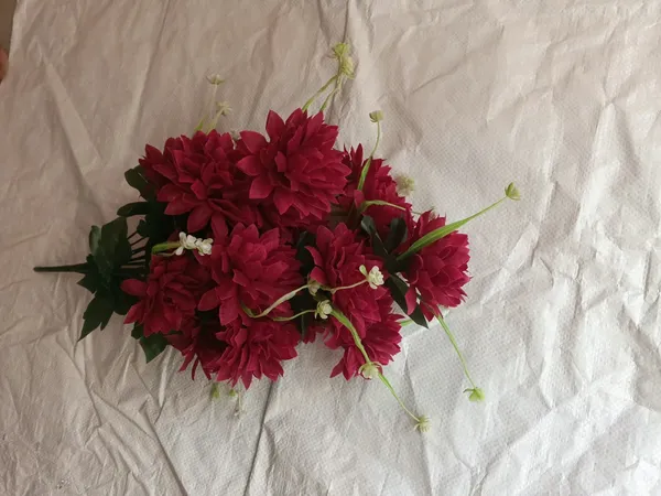 Red_And_Green_Plastic_Decorative_Artificial_Floral_Bouquet_With_Leaves