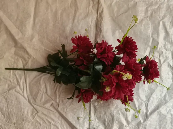 Red_And_Green_Plastic_Decorative_Artificial_Floral_Bouquet_With_Leaves