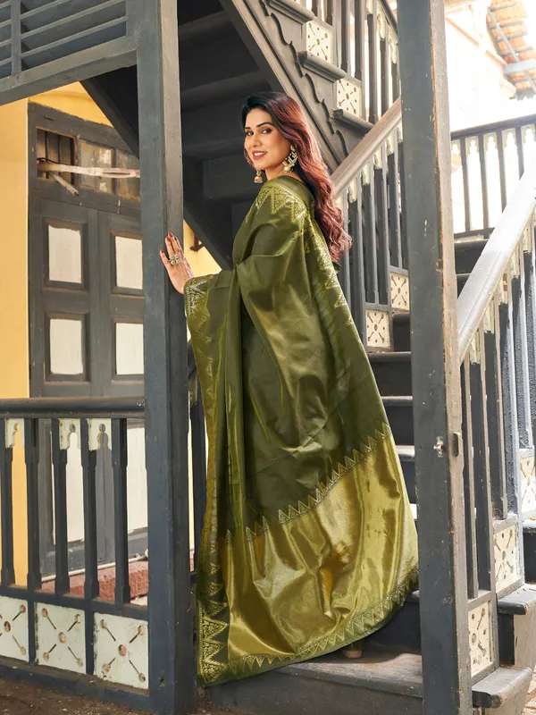 Olive_Green_Linen_Silk_Woven_Zari_Border_Saree_With_Blouse_Piece_For_Women