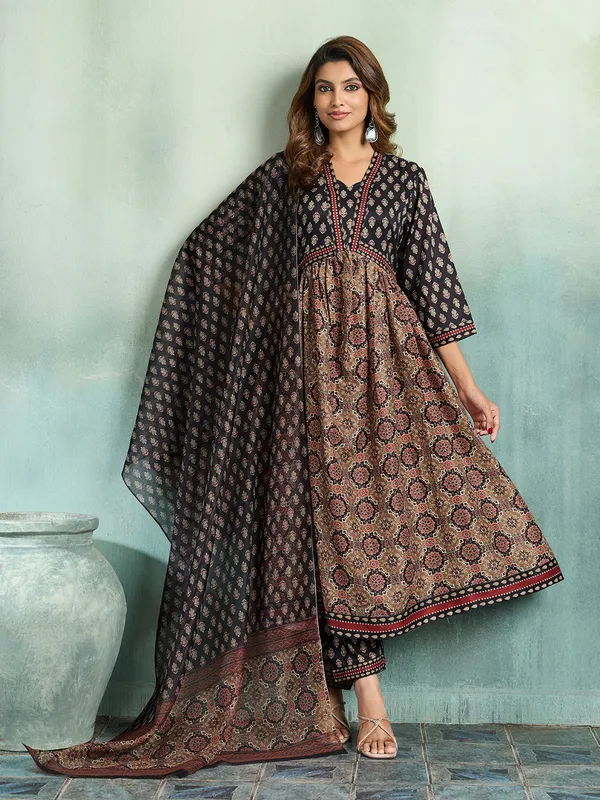 Black_Brown_Cotton_Blend_Flared_Anarkali_Kurta_Pant_Dupatta_Set_For_Women