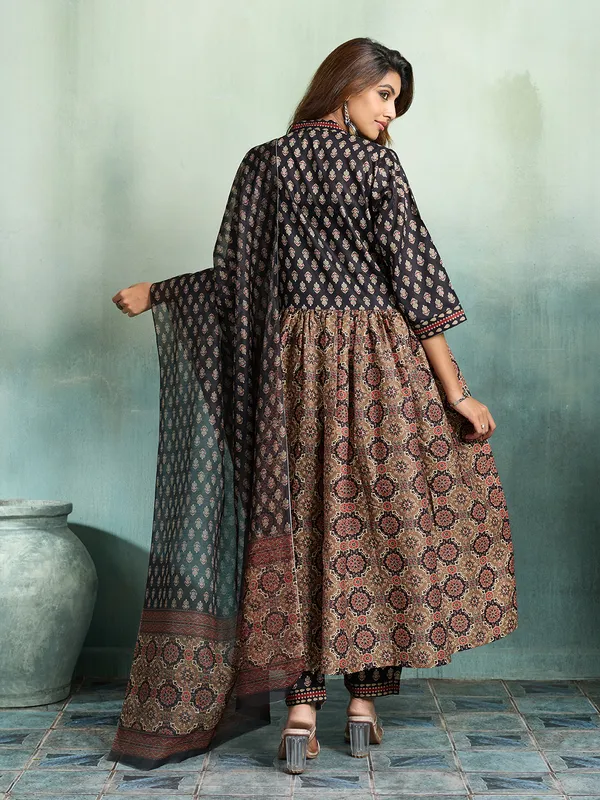 Black_Brown_Cotton_Blend_Flared_Anarkali_Kurta_Pant_Dupatta_Set_For_Women
