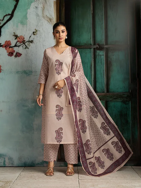 Beige_Cotton_Blend_Straight_Kurta_Pant_Dupatta_Set_For_Women