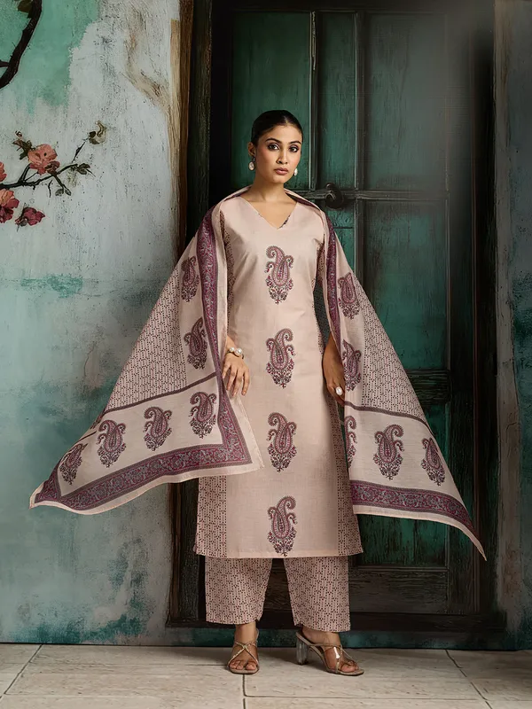 Beige_Cotton_Blend_Straight_Kurta_Pant_Dupatta_Set_For_Women