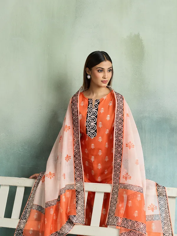 Orange_Cotton_Blend_Printed_Straight_Kurta_Pant_Dupatta_Set_For_Women