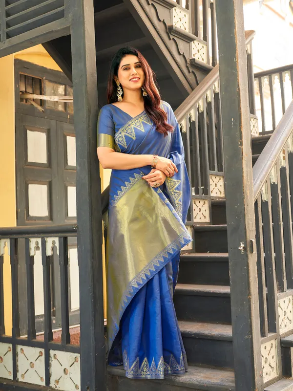 Royal_Blue_Linen_Silk_Woven_Ethnic_Saree_For_Women