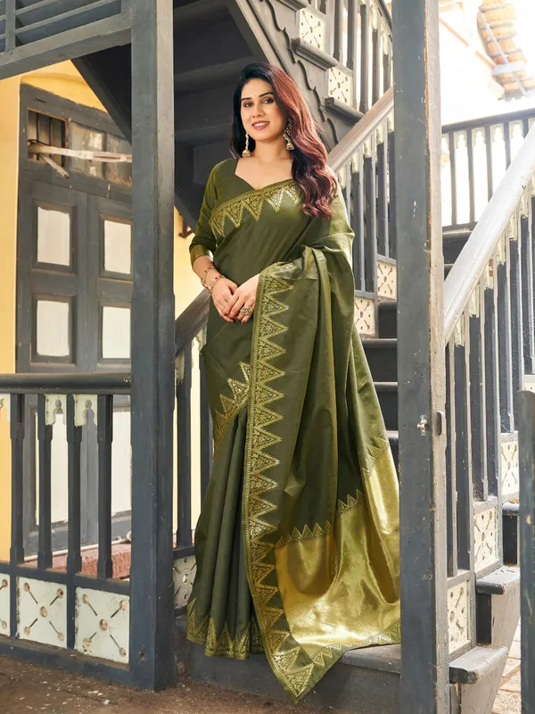 Olive_Green_Linen_Silk_Woven_Zari_Border_Saree_With_Blouse_Piece_For_Women