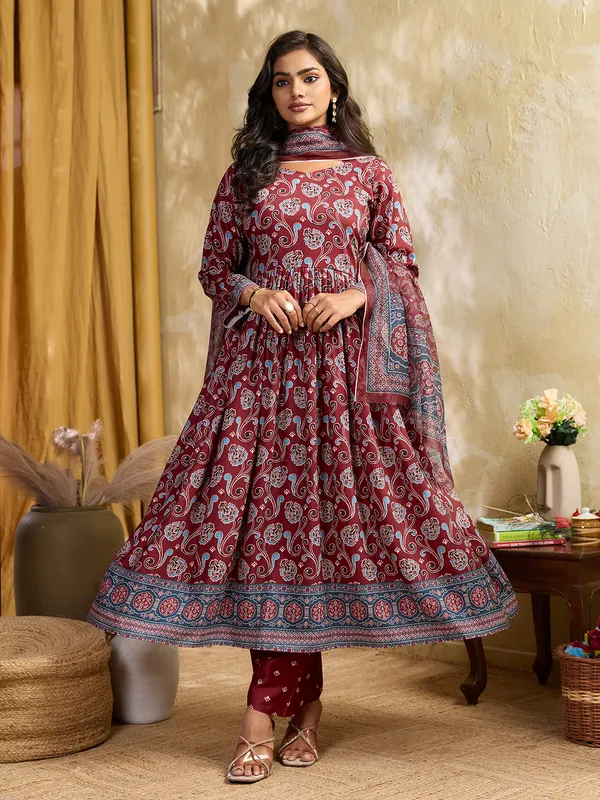 Maroon_Cotton_Blend_Flared_Anarkali_Kurta_Pant_Dupatta_Set_For_Women