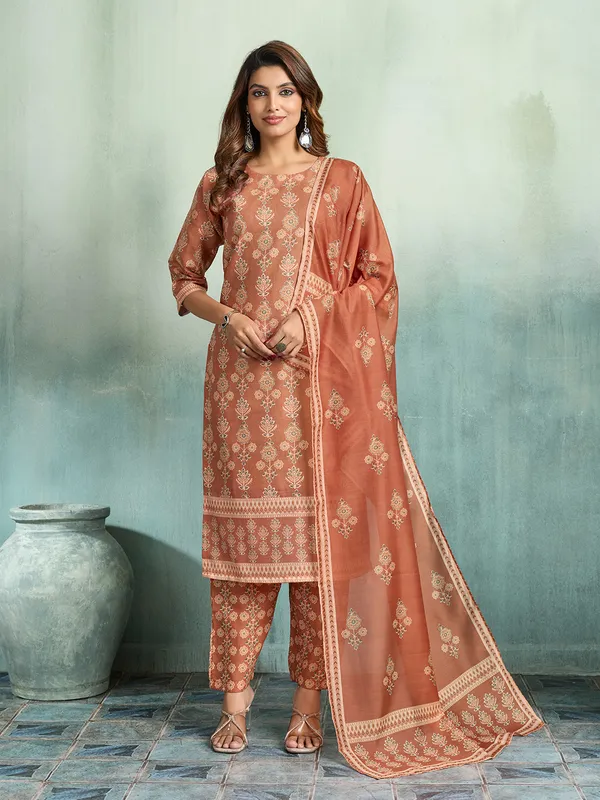 Rust_Cotton_Blend_Floral_Print_Straight_Kurta_Pant_Dupatta_Set_For_Women
