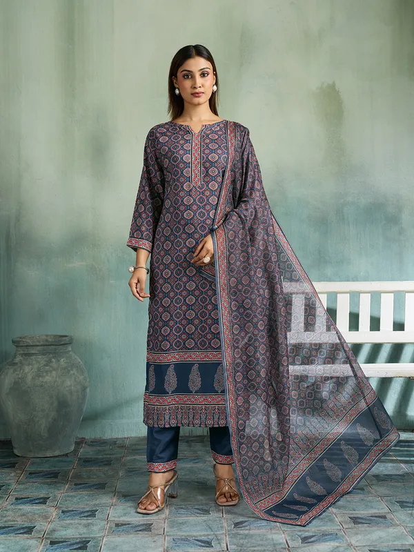 Navy_Blue_Cotton_Blend_Geometric_Print_Straight_Kurta_Pant_Dupatta_Set_For_Women