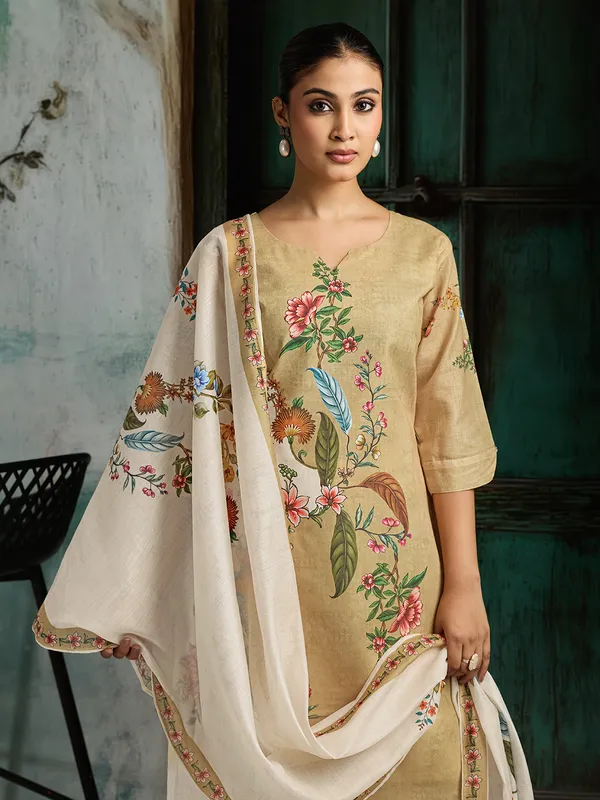 Beige_Cotton_Blend_Floral_Print_Straight_Kurta_Pant_Dupatta_Set_For_Women