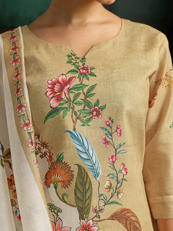Beige_Cotton_Blend_Floral_Print_Straight_Kurta_Pant_Dupatta_Set_For_Women