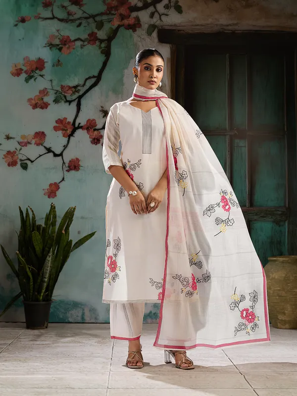 White_Cotton_Blend_Floral_Print_Straight_Kurta_Pant_Dupatta_Set_For_Women