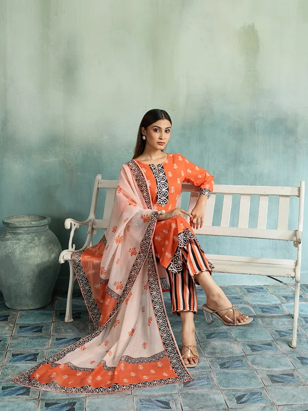 Orange_Cotton_Blend_Printed_Straight_Kurta_Pant_Dupatta_Set_For_Women