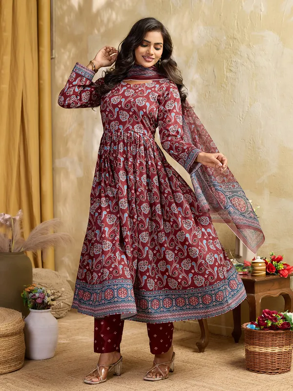 Maroon_Cotton_Blend_Flared_Anarkali_Kurta_Pant_Dupatta_Set_For_Women