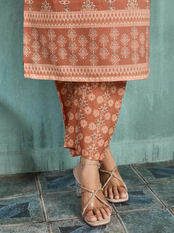 Rust_Cotton_Blend_Floral_Print_Straight_Kurta_Pant_Dupatta_Set_For_Women