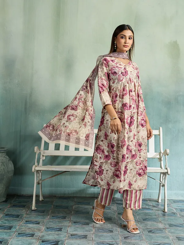 Beige_Pink_Cotton_Blend_Floral_Print_Straight_Kurta_Pant_Dupatta_Set_For_Women