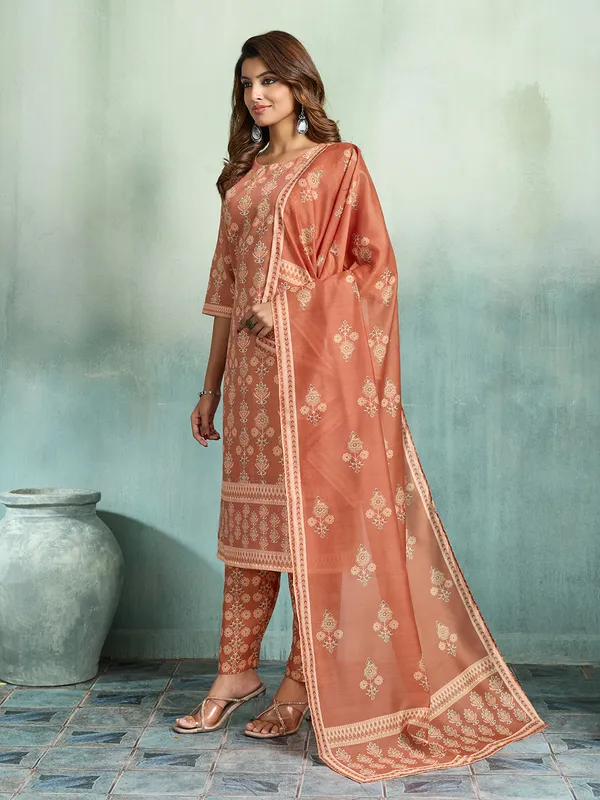 Rust_Cotton_Blend_Floral_Print_Straight_Kurta_Pant_Dupatta_Set_For_Women
