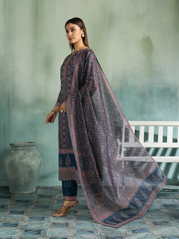 Navy_Blue_Cotton_Blend_Geometric_Print_Straight_Kurta_Pant_Dupatta_Set_For_Women