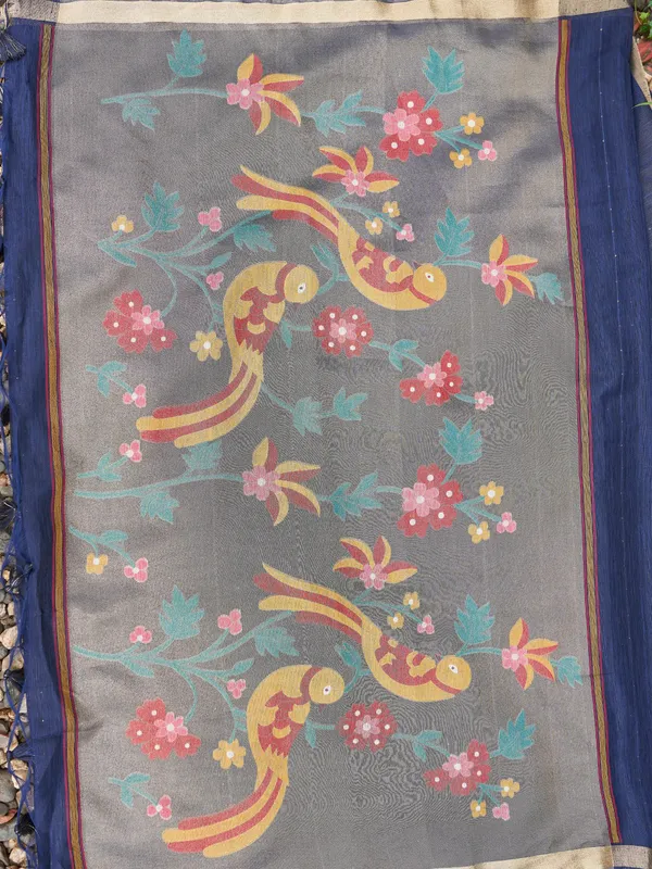 Navy_Blue_Linen_Silk_Floral_Print_Saree_With_Blouse_Piece_For_Women