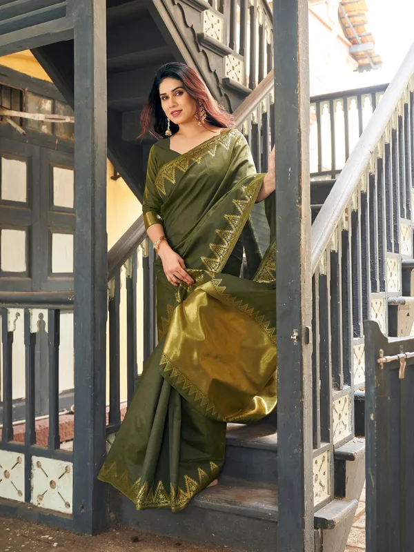Olive_Green_Linen_Silk_Woven_Zari_Border_Saree_With_Blouse_Piece_For_Women