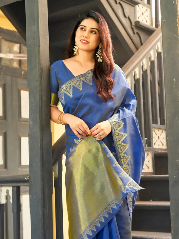 Royal_Blue_Linen_Silk_Woven_Ethnic_Saree_For_Women