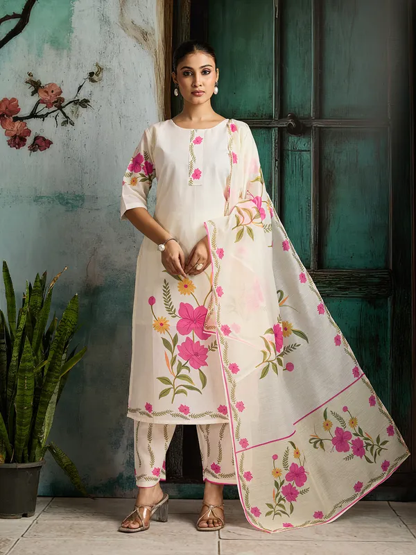 Cream_Cotton_Blend_Floral_Print_Straight_Kurta_Pant_Dupatta_Set_For_Women
