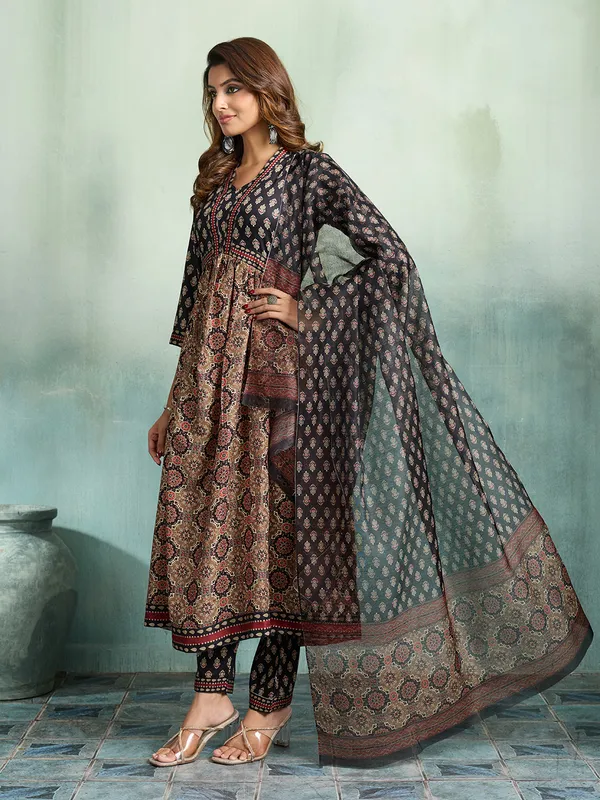 Black_Brown_Cotton_Blend_Flared_Anarkali_Kurta_Pant_Dupatta_Set_For_Women
