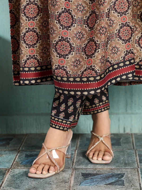 Black_Brown_Cotton_Blend_Flared_Anarkali_Kurta_Pant_Dupatta_Set_For_Women