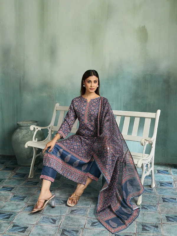 Navy_Blue_Cotton_Blend_Geometric_Print_Straight_Kurta_Pant_Dupatta_Set_For_Women