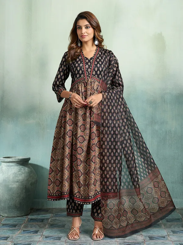 Black_Brown_Cotton_Blend_Flared_Anarkali_Kurta_Pant_Dupatta_Set_For_Women
