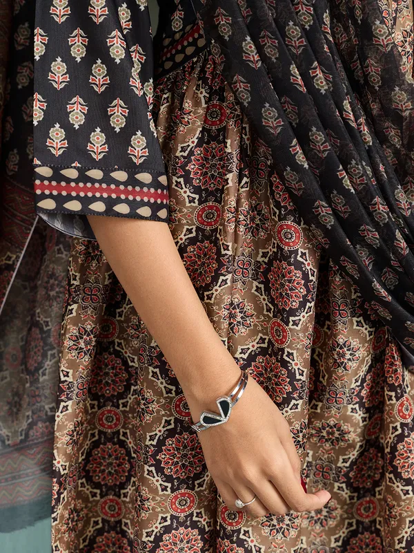 Black_Brown_Cotton_Blend_Flared_Anarkali_Kurta_Pant_Dupatta_Set_For_Women