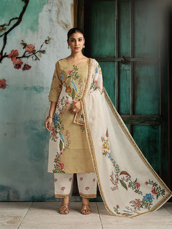 Beige_Cotton_Blend_Floral_Print_Straight_Kurta_Pant_Dupatta_Set_For_Women