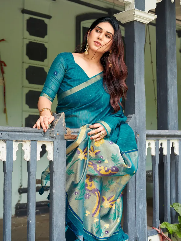 Teal_Linen_Silk_Floral_Pallu_Ethnic_Saree_For_Women