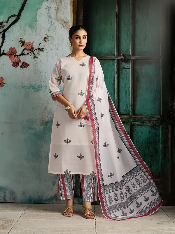 White_Cotton_Blend_Printed_Straight_Kurta_Pant_Dupatta_Set_For_Women