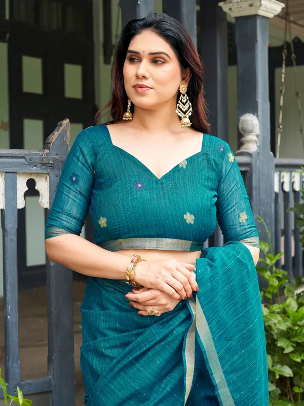 Teal_Linen_Silk_Floral_Pallu_Ethnic_Saree_For_Women