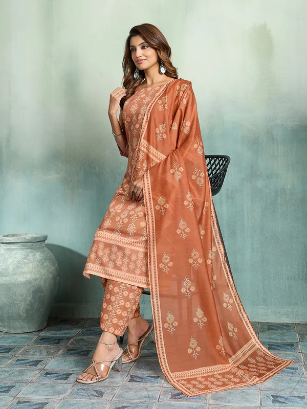 Rust_Cotton_Blend_Floral_Print_Straight_Kurta_Pant_Dupatta_Set_For_Women