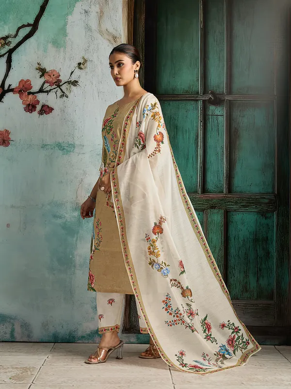 Beige_Cotton_Blend_Floral_Print_Straight_Kurta_Pant_Dupatta_Set_For_Women