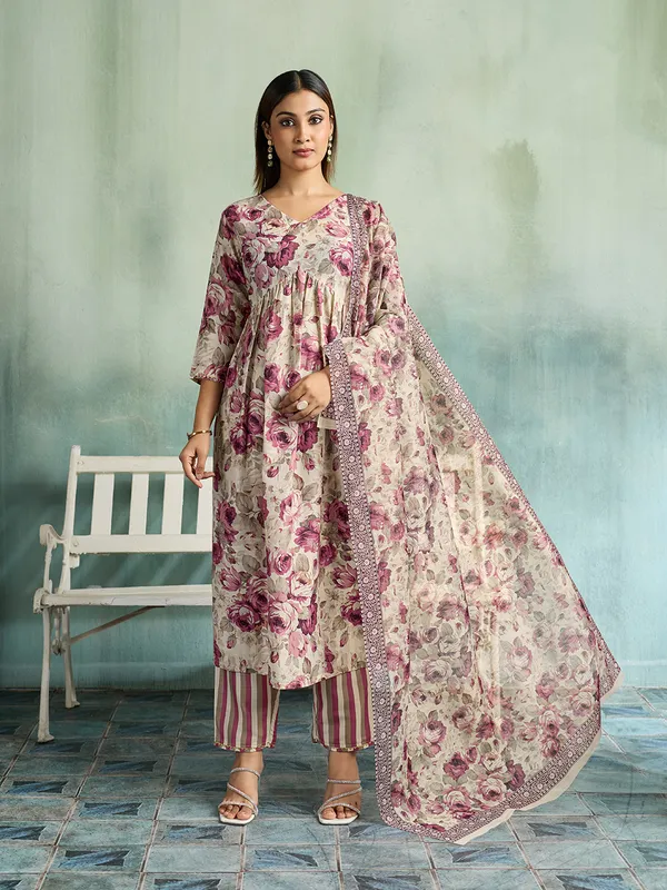 Beige_Pink_Cotton_Blend_Floral_Print_Straight_Kurta_Pant_Dupatta_Set_For_Women