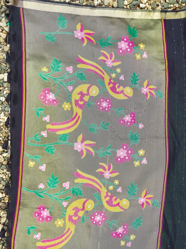 Black_Linen_Silk_Woven_Zari_Border_Saree_With_Blouse_Piece_For_Women