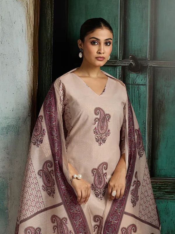 Beige_Cotton_Blend_Straight_Kurta_Pant_Dupatta_Set_For_Women