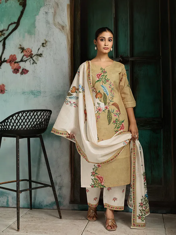 Beige_Cotton_Blend_Floral_Print_Straight_Kurta_Pant_Dupatta_Set_For_Women