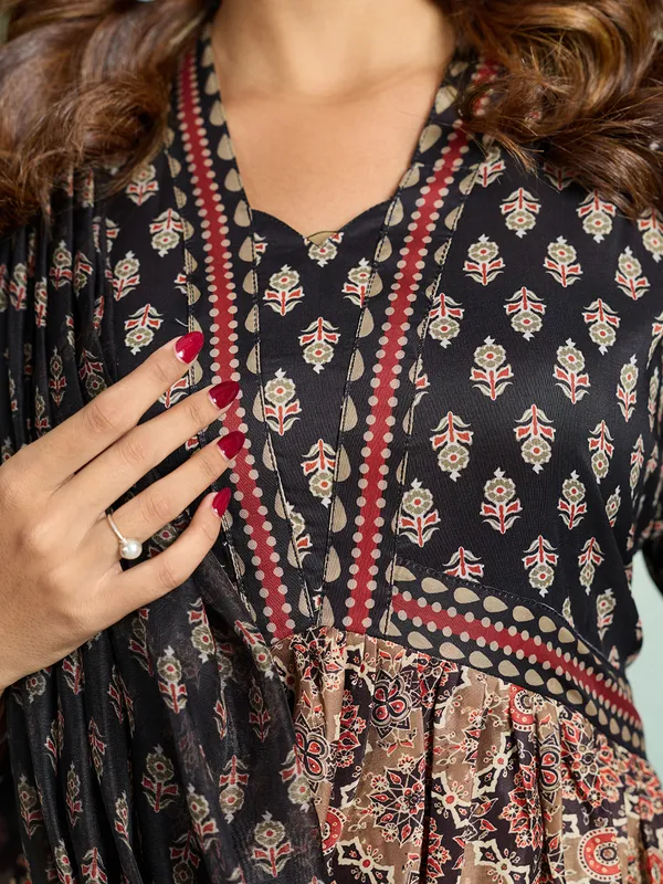 Black_Brown_Cotton_Blend_Flared_Anarkali_Kurta_Pant_Dupatta_Set_For_Women