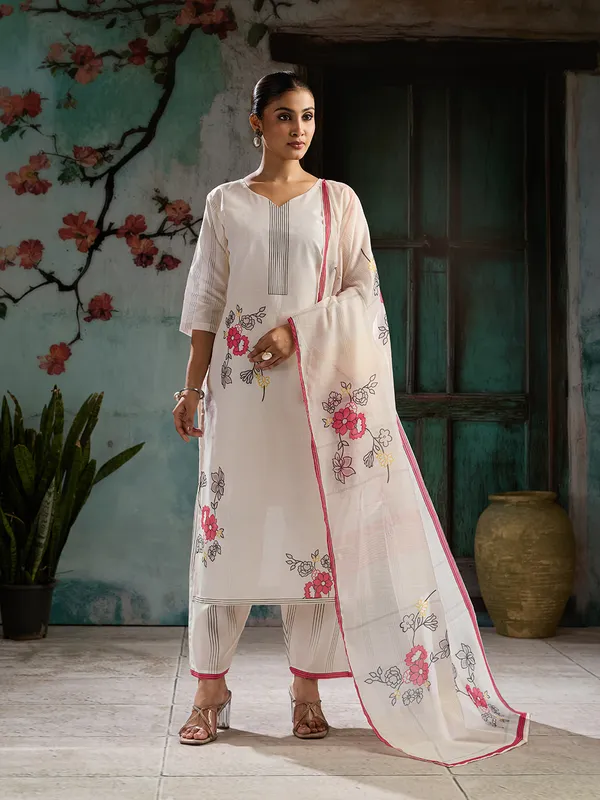 White_Cotton_Blend_Floral_Print_Straight_Kurta_Pant_Dupatta_Set_For_Women
