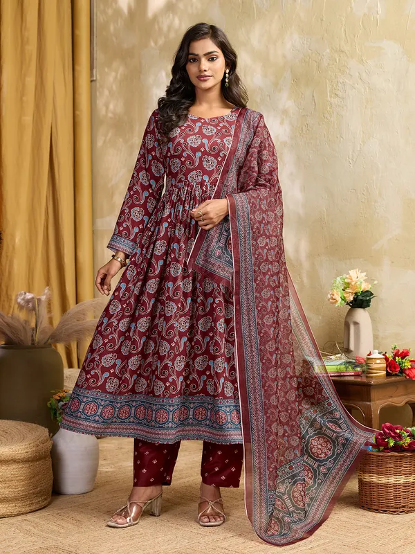 Maroon_Cotton_Blend_Flared_Anarkali_Kurta_Pant_Dupatta_Set_For_Women