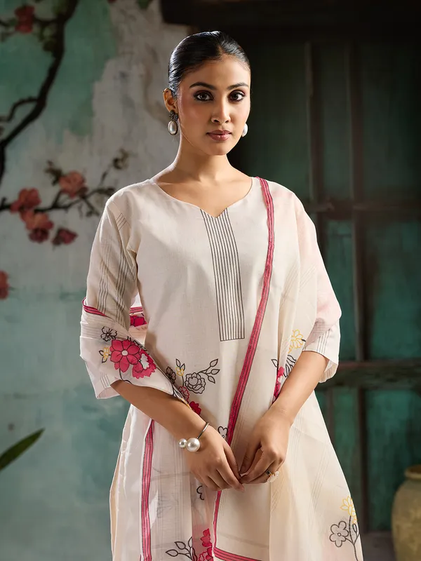 White_Cotton_Blend_Floral_Print_Straight_Kurta_Pant_Dupatta_Set_For_Women