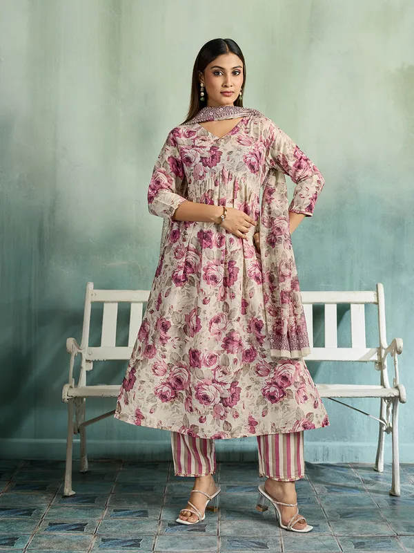 Beige_Pink_Cotton_Blend_Floral_Print_Straight_Kurta_Pant_Dupatta_Set_For_Women