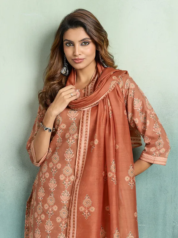 Rust_Cotton_Blend_Floral_Print_Straight_Kurta_Pant_Dupatta_Set_For_Women